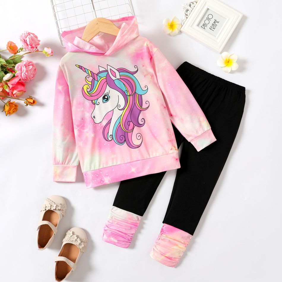 2pcs Kid Girl Unicorn Print Tie Dyed Hoodie Sweatshirt and Elasticized Leggings Set Pink big image 1