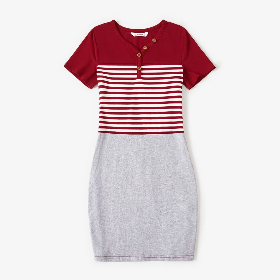 Family Matching 95% Cotton Striped Colorblock Short-sleeve Bodycon Dresses and Polo Shirts Sets WineRed big image 2