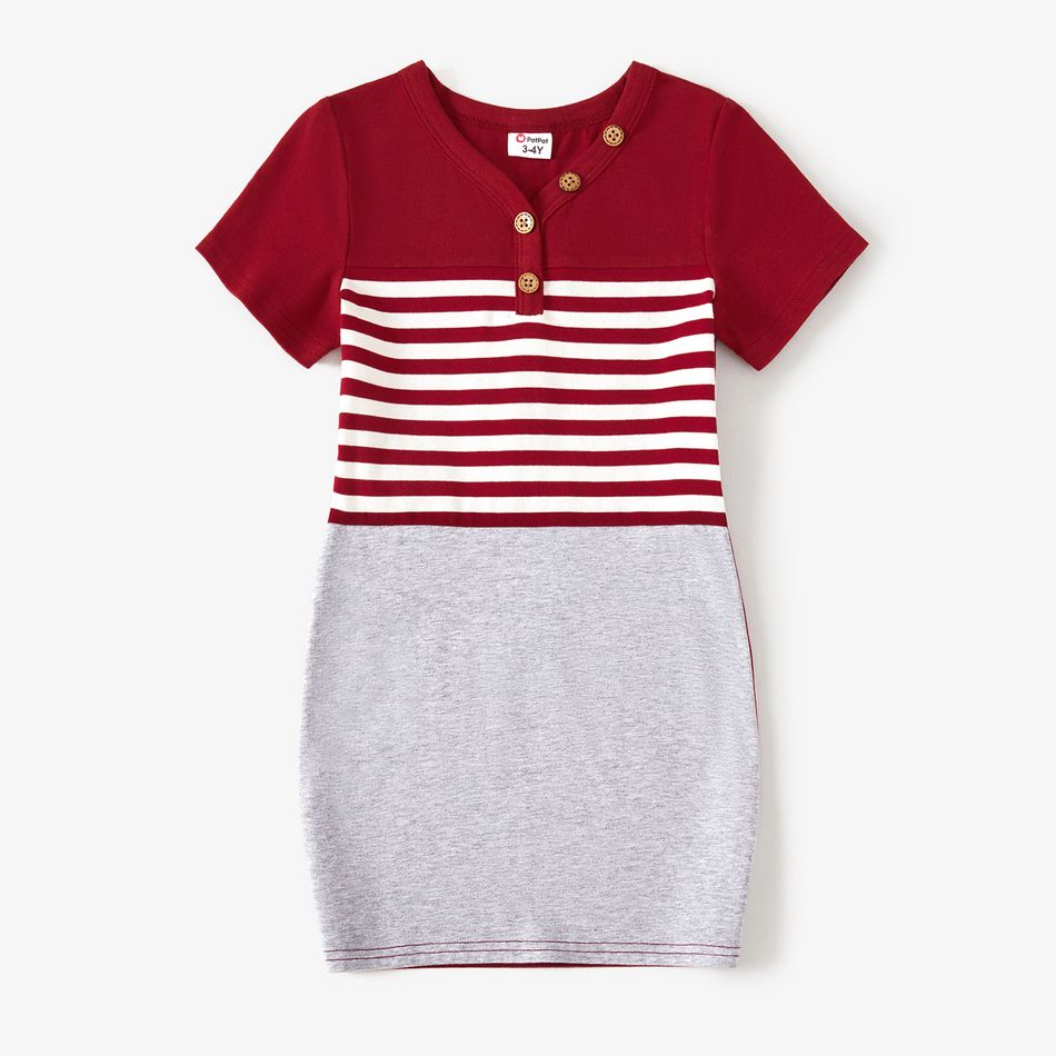 Family Matching 95% Cotton Striped Colorblock Short-sleeve Bodycon Dresses and Polo Shirts Sets WineRed big image 3