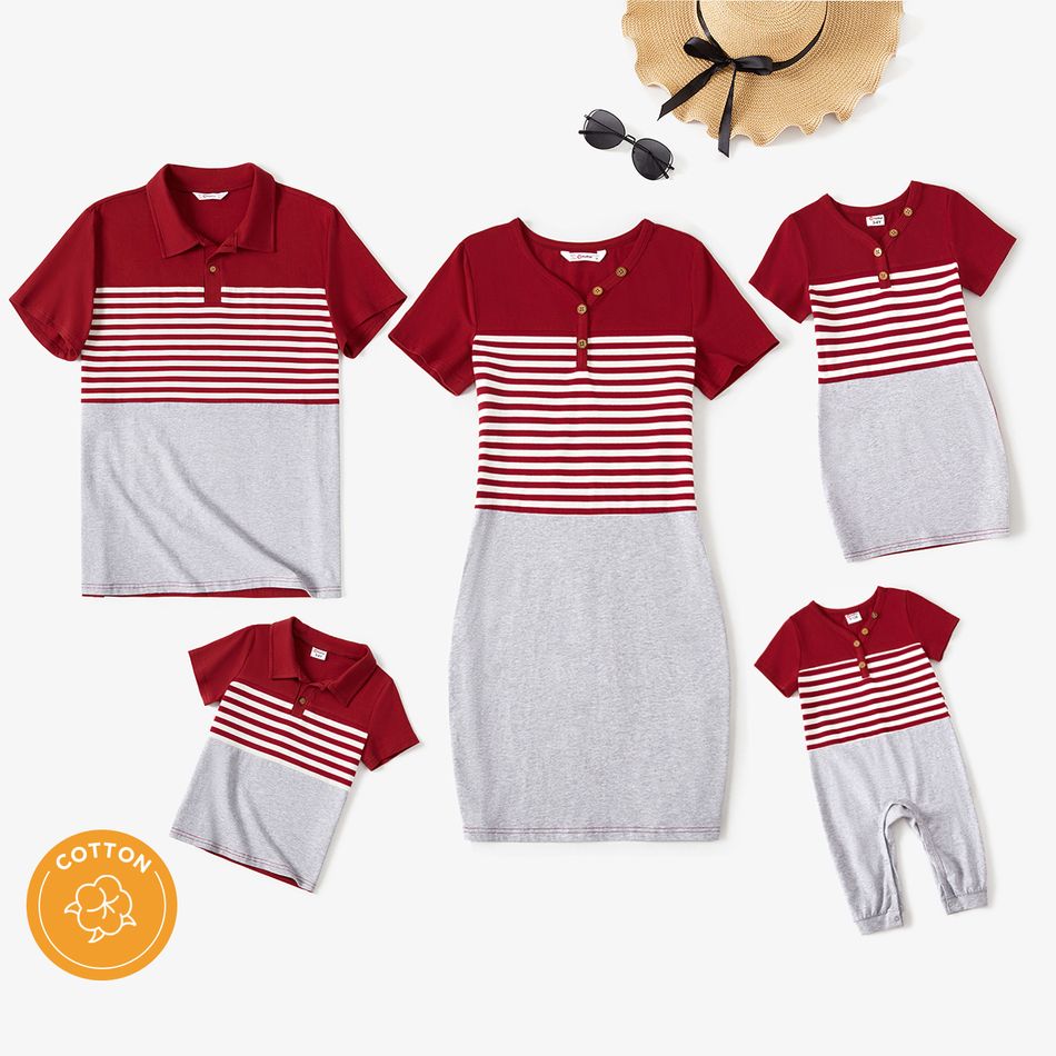Family Matching 95% Cotton Striped Colorblock Short-sleeve Bodycon Dresses and Polo Shirts Sets WineRed