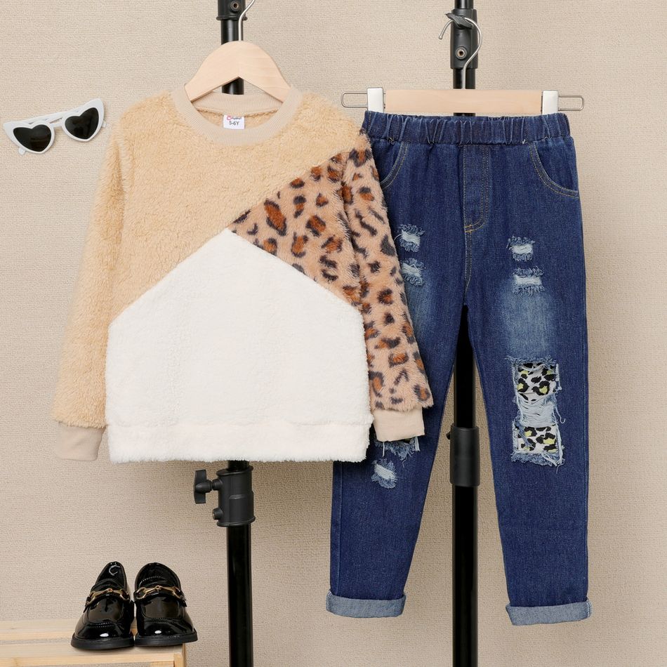 2 pièces Enfants Ensemble Fille Motifs animaux Couture de tissus Tailleur-pantalon à manches longues Kaki big image 7