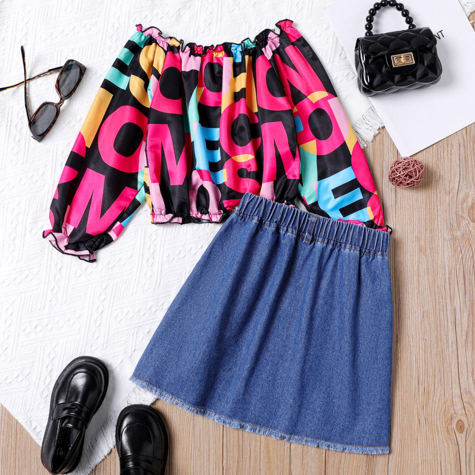 2pcs Kid Girl Letter Print Off Shoulder Long-sleeve Tee and Ripped Denim Skirt Set Pink big image 2