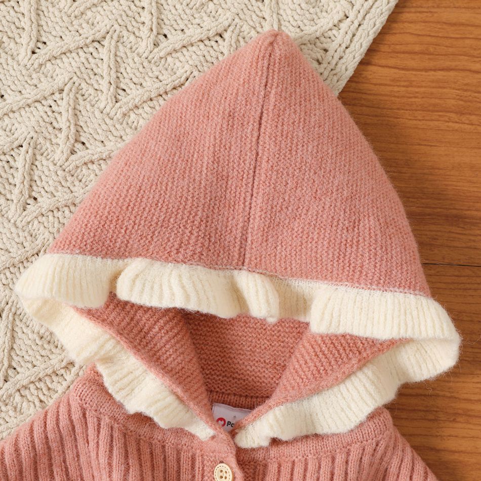 Baby Girl Two Tone Ruffle Trim Hooded Knit Poncho Sweater Pink big image 3