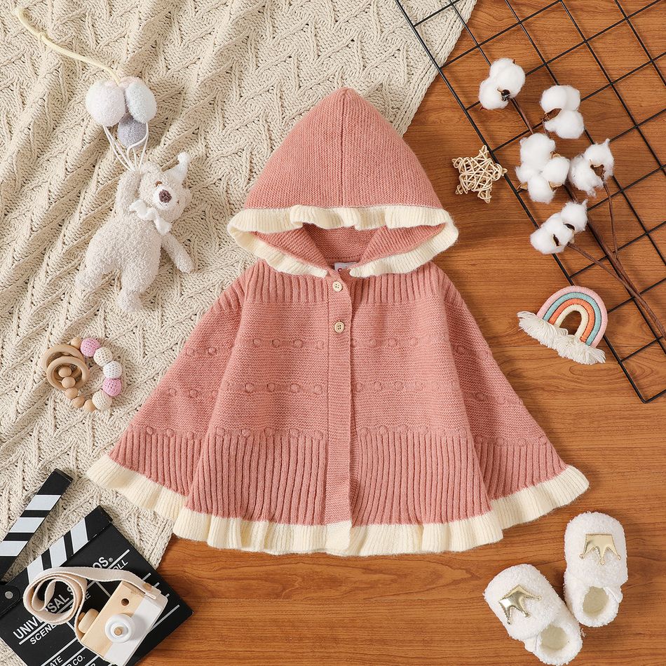 Baby Girl Two Tone Ruffle Trim Hooded Knit Poncho Sweater Pink big image 1