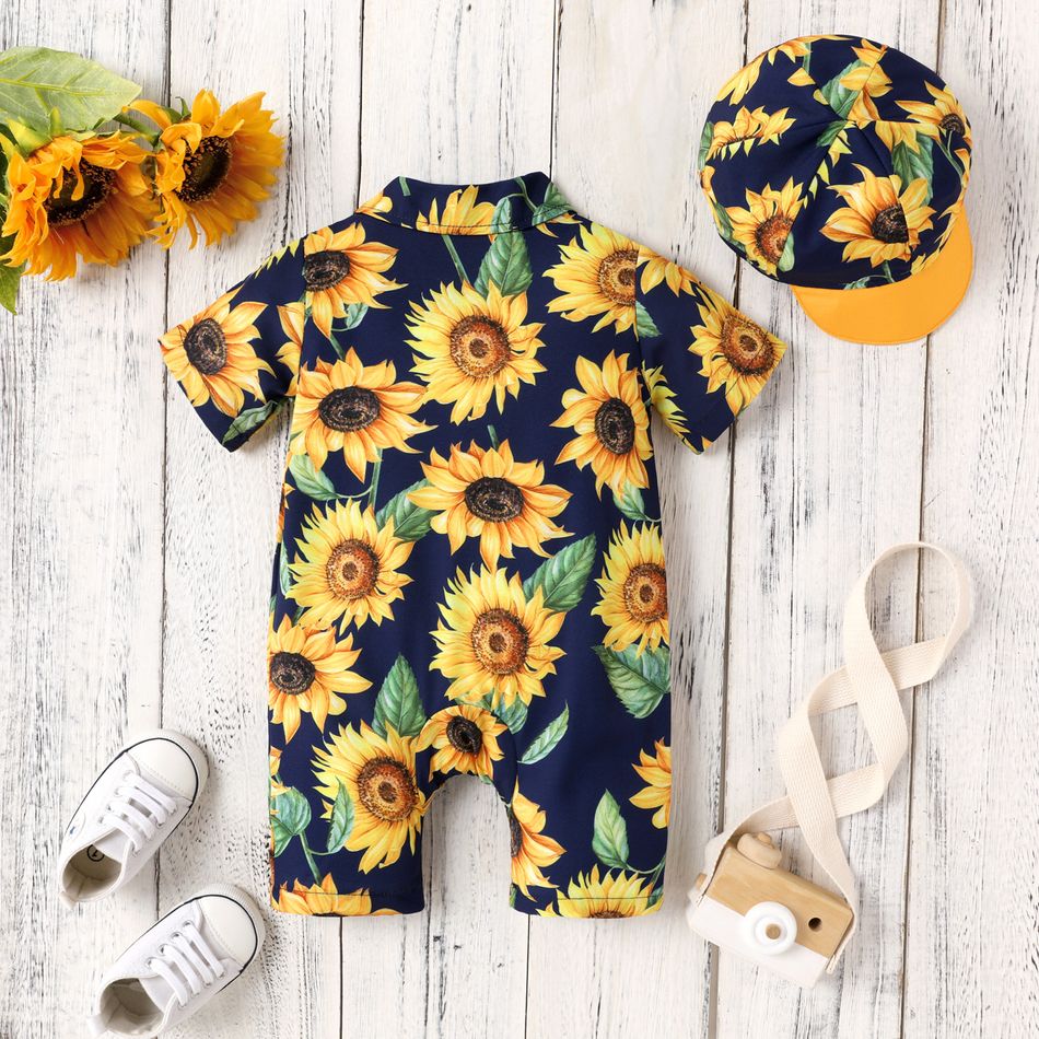 2pcs Baby Boy Allover Sunflower Print Print Short-sleeve Romper & Hat Set Dark Blue big image 2