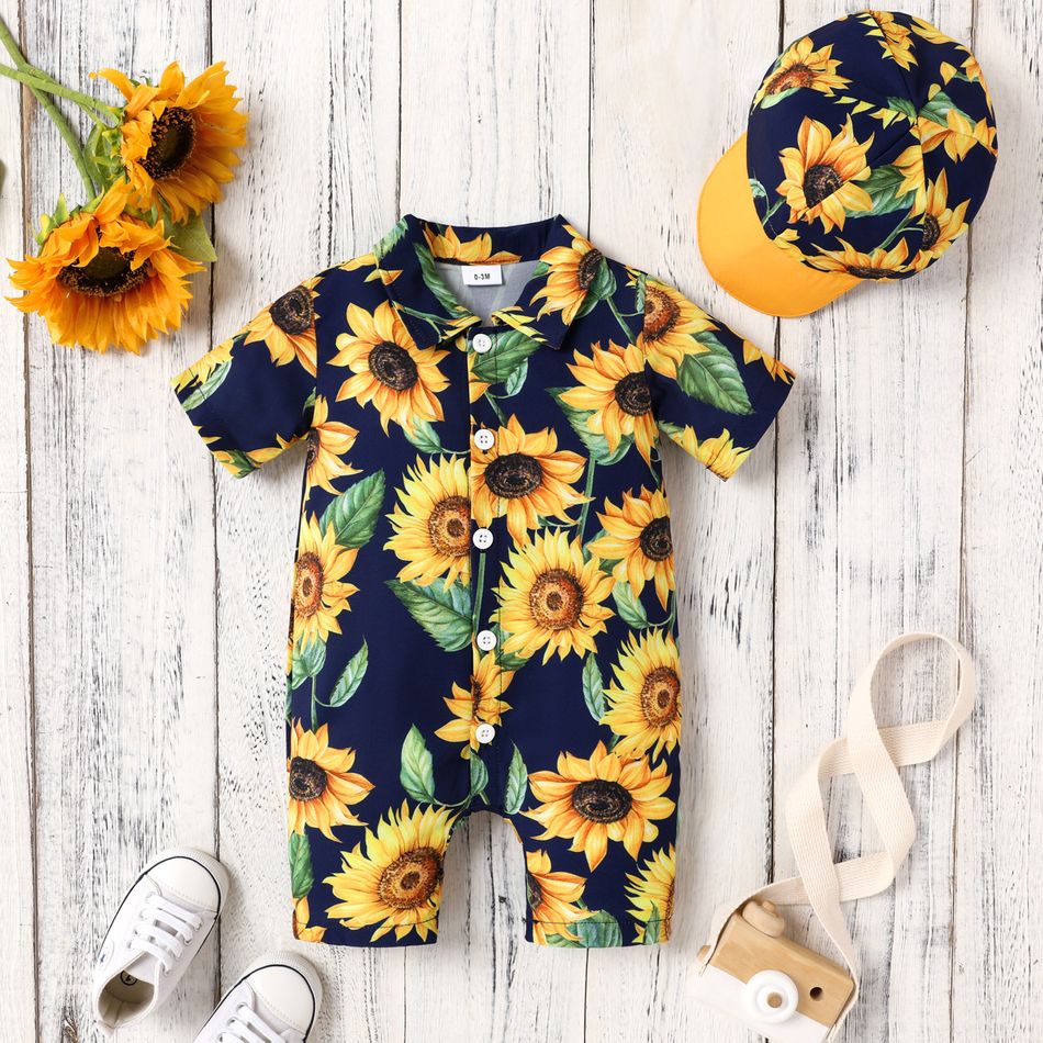 2pcs Baby Boy Allover Sunflower Print Print Short-sleeve Romper & Hat Set Dark Blue big image 1