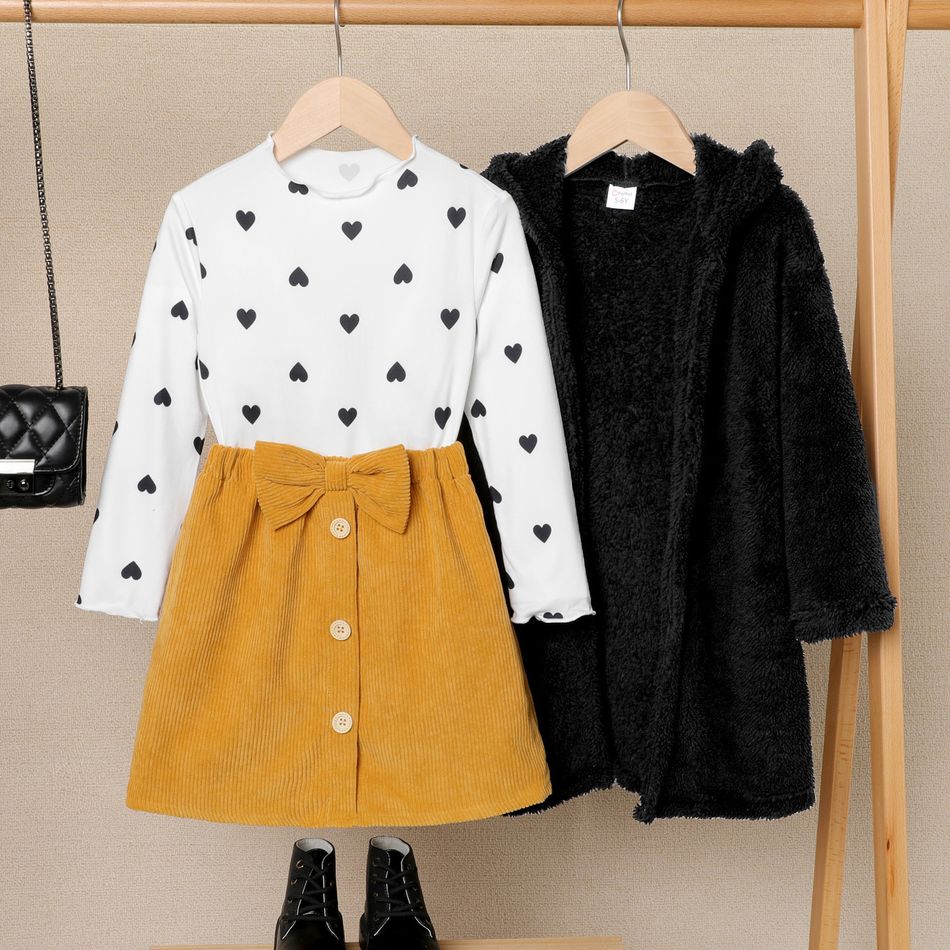 2pcs Kid Girl Ribbed Long-sleeve Black Tee and Bowknot Button Design Skirt Set ColorBlock