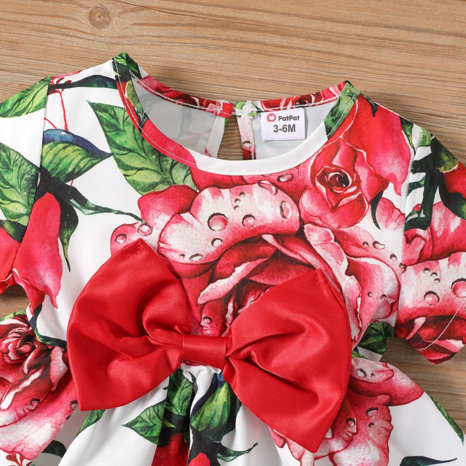 2pcs Baby Girl Bow Front Allover Floral Print Short-sleeve Dress & Headband Set Red big image 3