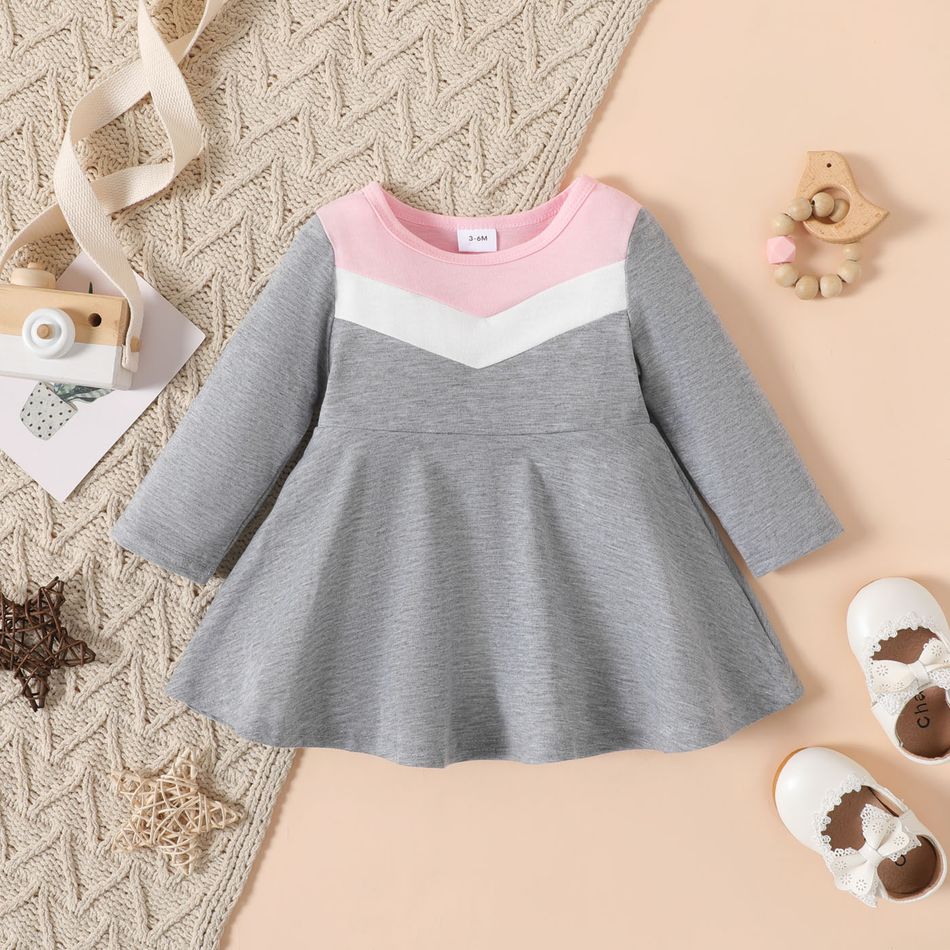 Baby Girl Long-sleeve Colorblock A-line Dress Grey big image 1