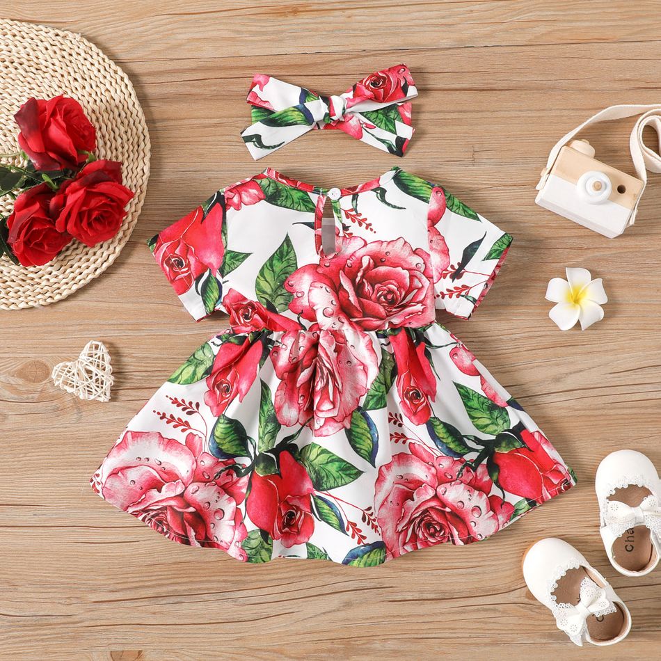 2pcs Baby Girl Bow Front Allover Floral Print Short-sleeve Dress & Headband Set Red big image 2