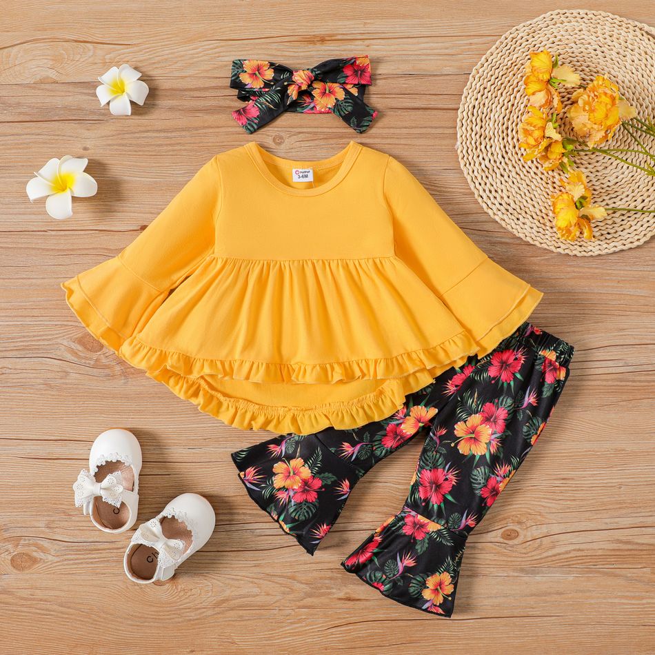 3pcs Baby Girl 95% Cotton Bell Sleeve Ruffle Trim High Low Hem Top and Floral Print Flared Pants & Headband Set Yellow