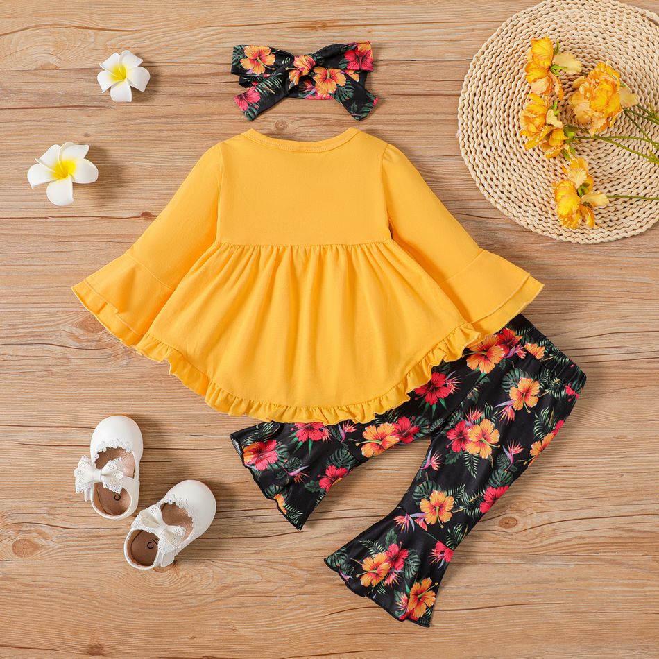 3pcs Baby Girl 95% Cotton Bell Sleeve Ruffle Trim High Low Hem Top and Floral Print Flared Pants & Headband Set Yellow big image 2
