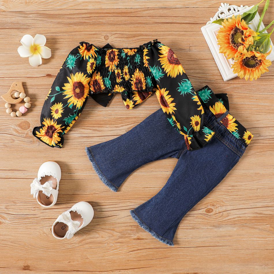 3pcs Baby Girl Ripped Flared Jeans and Allover Sunflower Print Off Shoulder Long-sleeve Bow Front Crop Top & Belt Set Blue big image 2