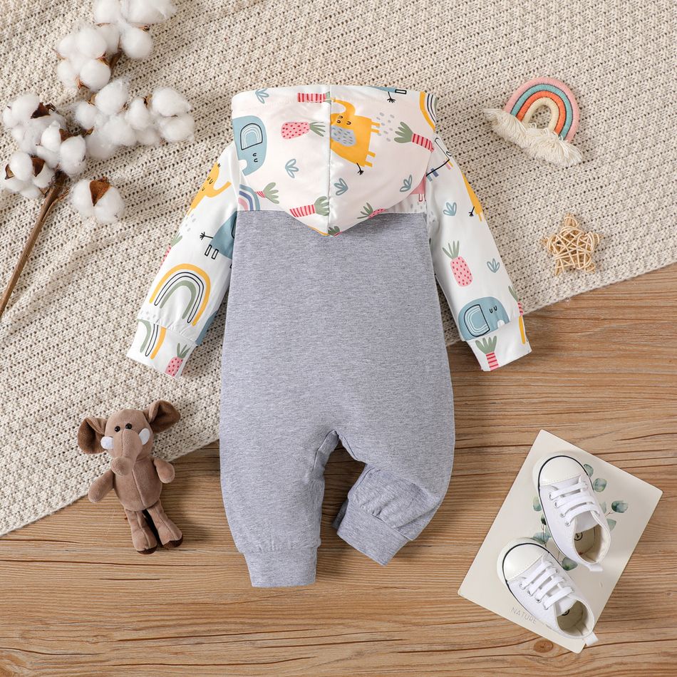Baby Boy/Girl 95% Cotton Solid Spliced Allover Elephant & Rainbow Print Hooded Long-sleeve Jumpsuit Grey big image 2