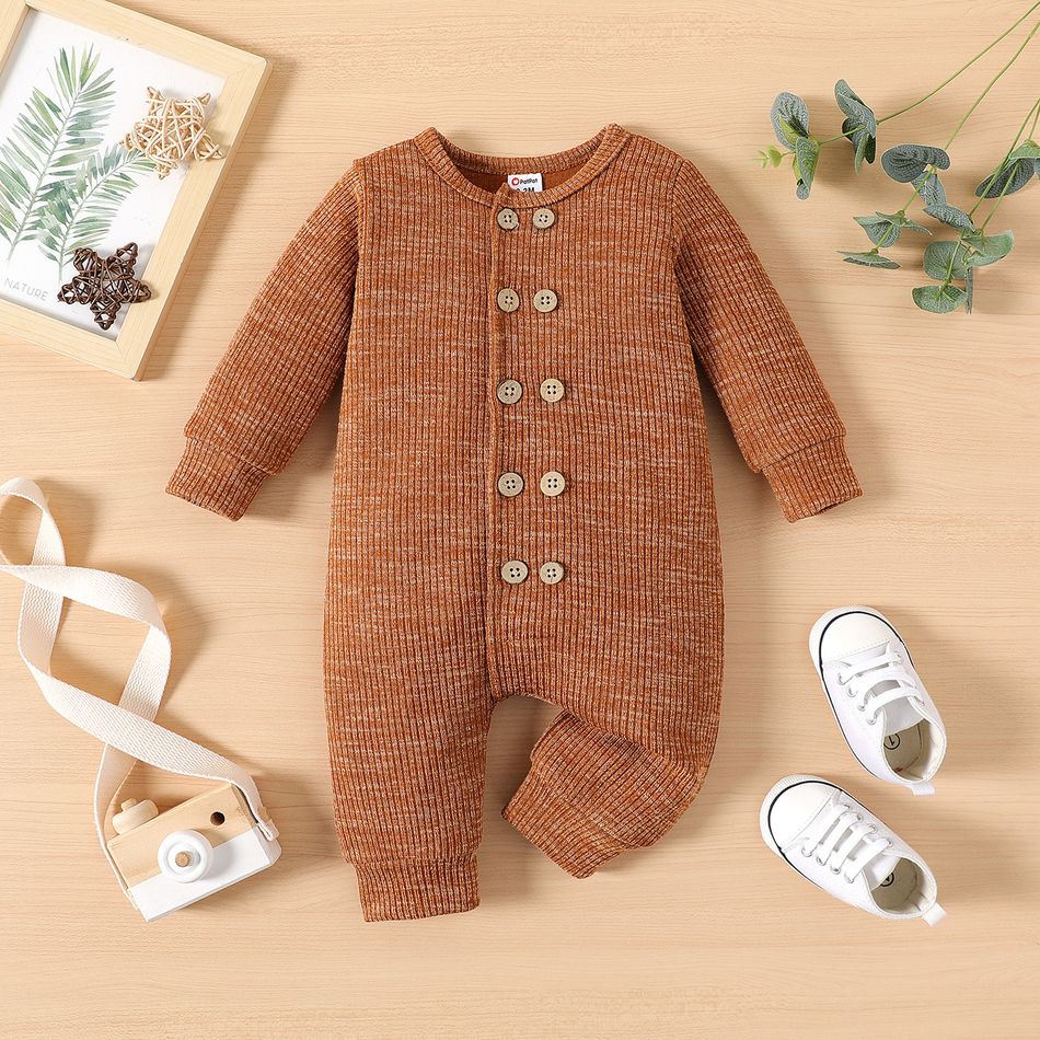 Baby Boy/Girl Brown Rib Knit Long-sleeve Double Breasted Jumpsuit Brown big image 1