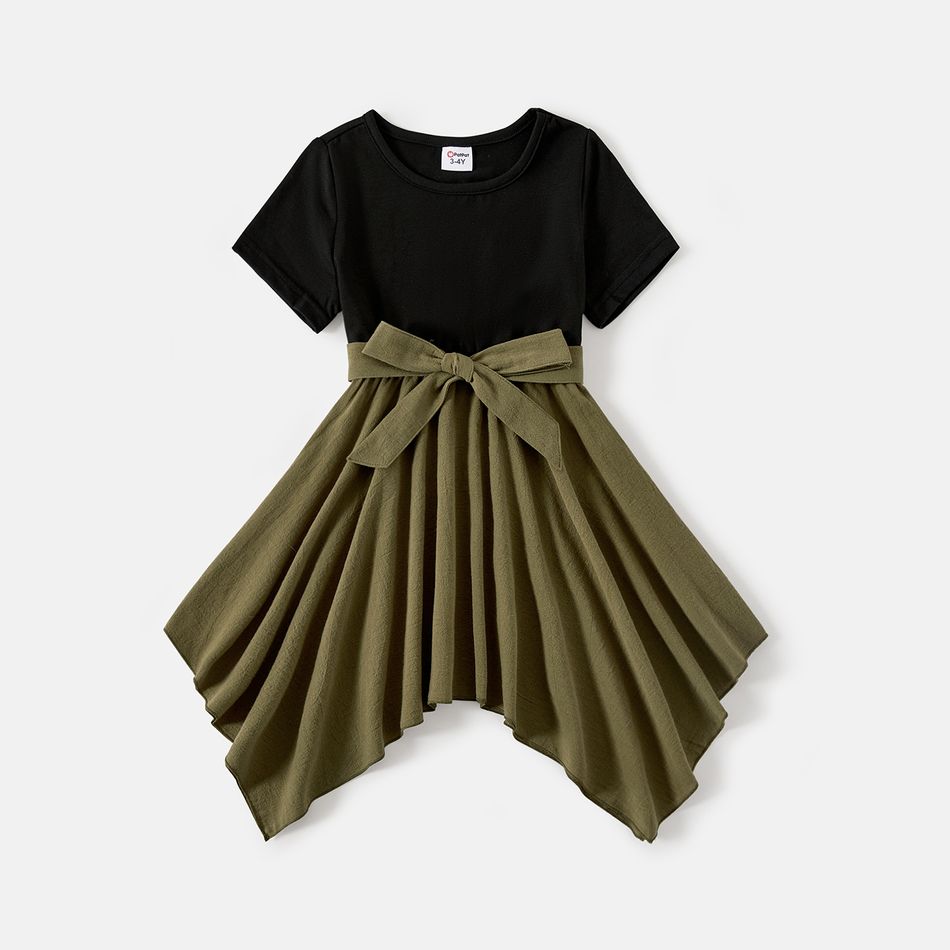 Family Matching Solid Short-sleeve Asymmetric Hem Spliced Cotton Dresses and Colorblock T-shirts Sets Multi-color big image 3