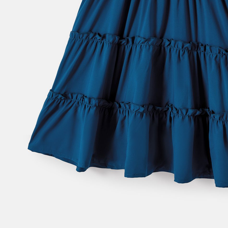Family Matching Solid Ruffle-sleeve Shirred Tiered Dresses and Colorblock T-shirts Sets Blue big image 7