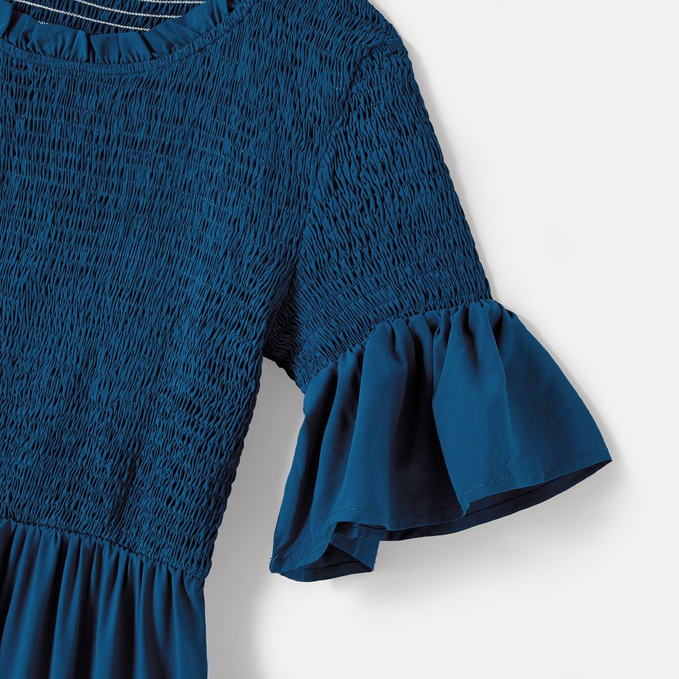Family Matching Solid Ruffle-sleeve Shirred Tiered Dresses and Colorblock T-shirts Sets Blue big image 5