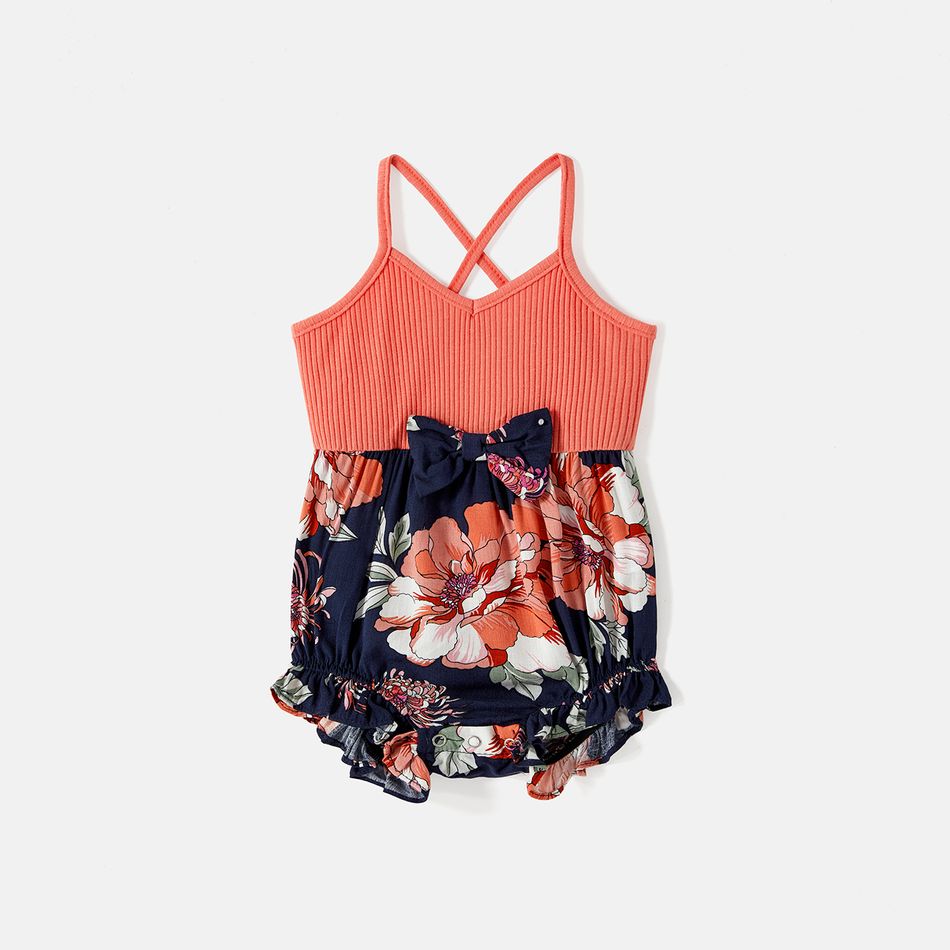 Mommy and Me Solid Ribbed Spliced Floral Print Cami Romper ColorBlock big image 6