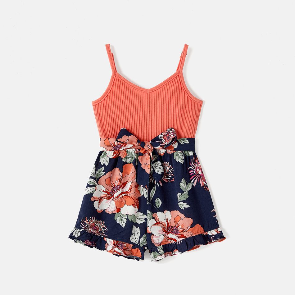 Mommy and Me Solid Ribbed Spliced Floral Print Cami Romper ColorBlock big image 2