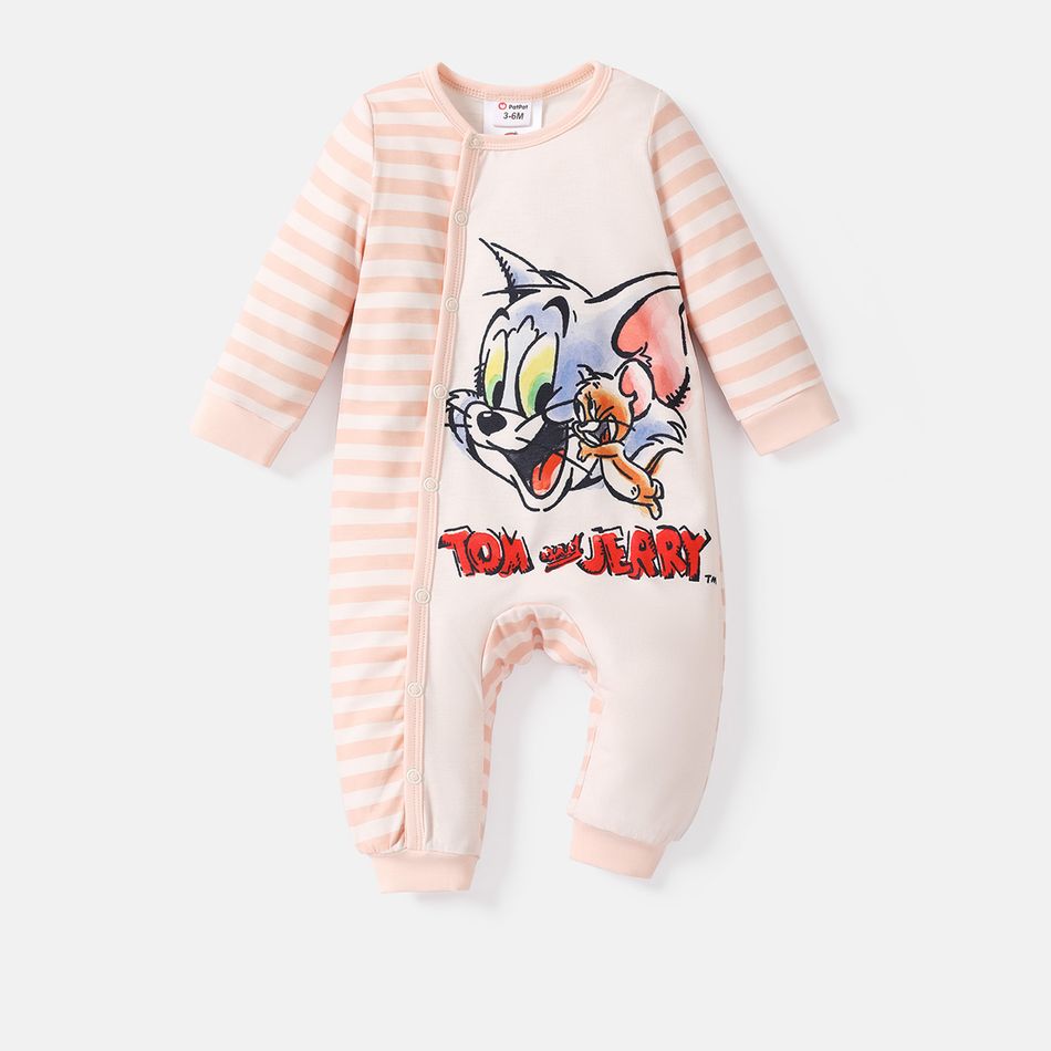 Tom and Jerry Baby Boy/Girl Long-sleeve Striped Graphic Spliced Naia Jumpsuit LightPink big image 2
