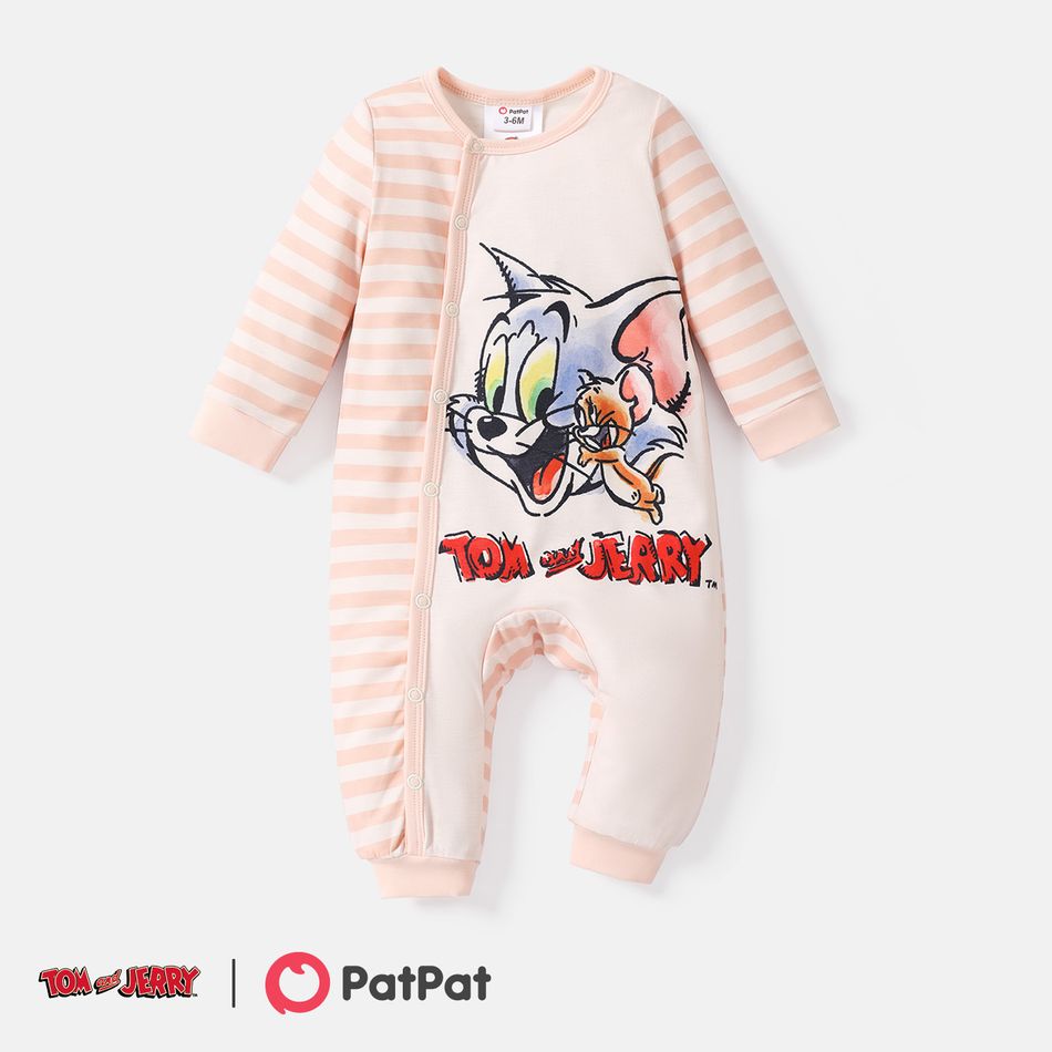 Tom and Jerry Baby Boy/Girl Long-sleeve Striped Graphic Spliced Naia Jumpsuit LightPink
