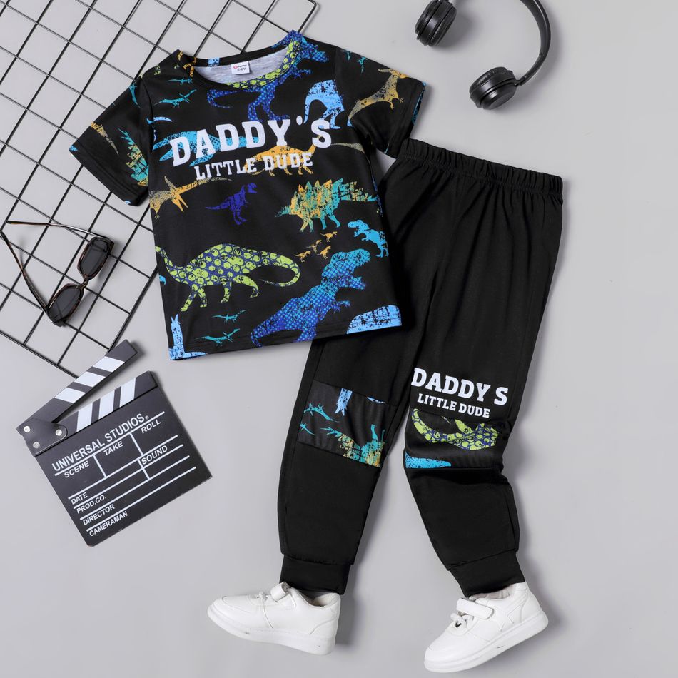 2pcs Kid Boy Animal Dinosaur Print Short-sleeve Tee and Elasticized Pants Set Black big image 1