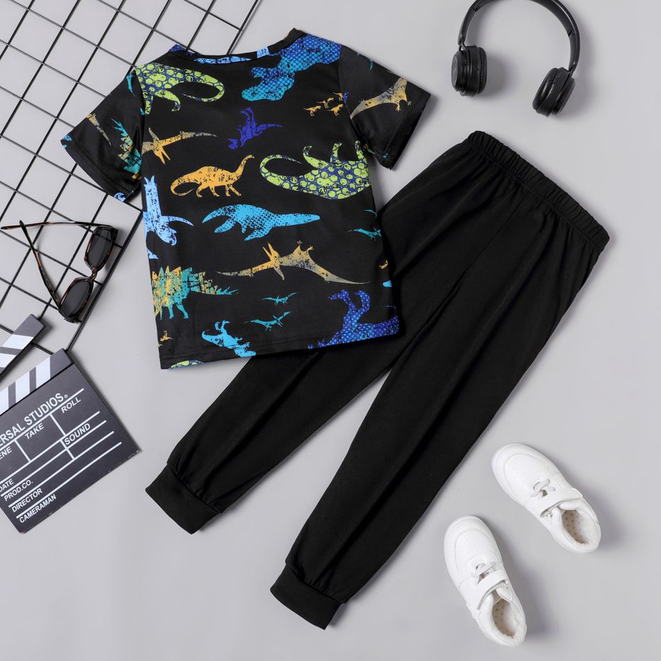2pcs Kid Boy Animal Dinosaur Print Short-sleeve Tee and Elasticized Pants Set Black big image 2