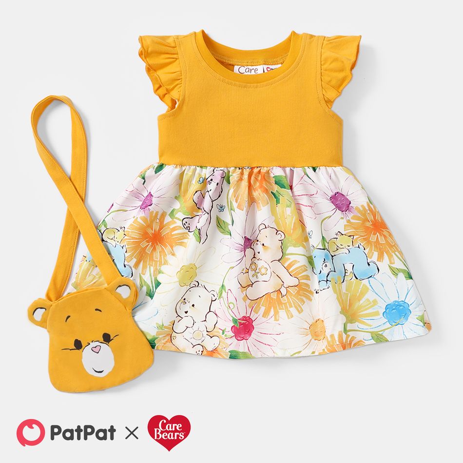 Care Bears 2pcs Baby Girl Solid & Print Spliced Flutter-sleeve Dress with Crossbody Bag Set Yellow