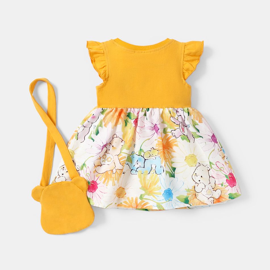 Care Bears 2pcs Baby Girl Solid & Print Spliced Flutter-sleeve Dress with Crossbody Bag Set Yellow big image 2