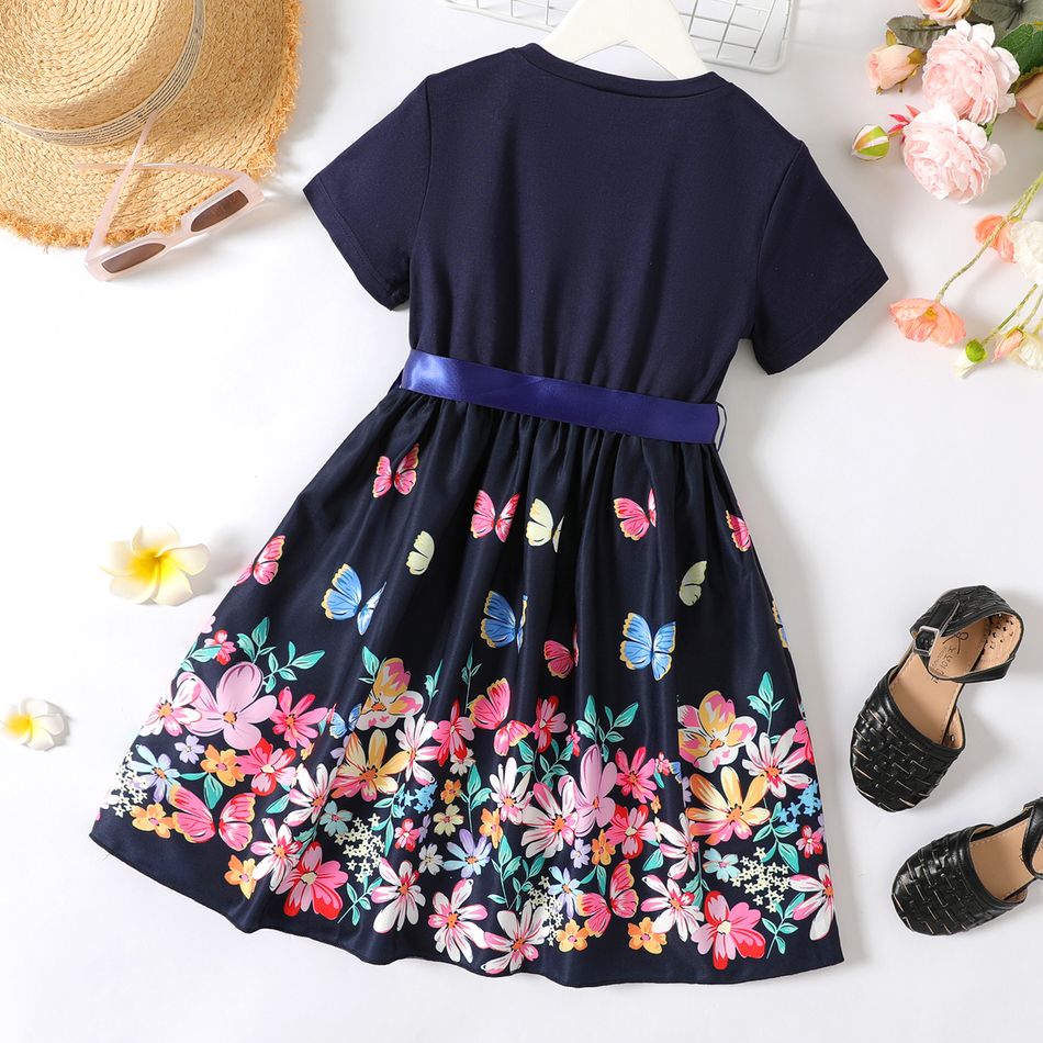 Kid Girl Floral Print Splice Belted Short-sleeve Dress Dark Blue
