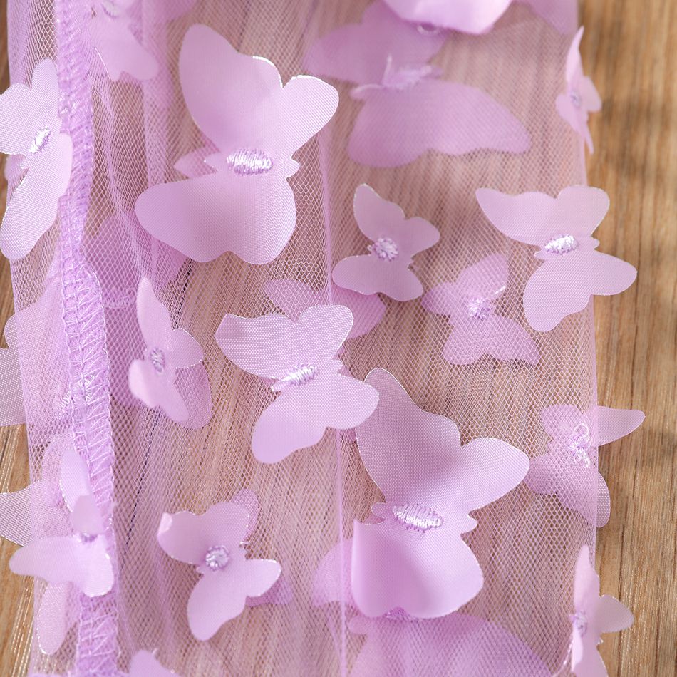 2pcs Kid Girl 3D Butterfly Design Floral Print Splice Mesh Long-sleeve Dress  Belt Light Purple big image 3
