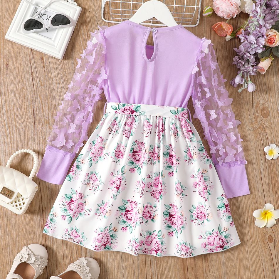 2pcs Kid Girl 3D Butterfly Design Floral Print Splice Mesh Long-sleeve Dress  Belt Light Purple big image 6