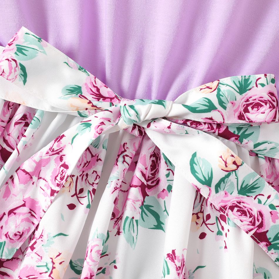 2pcs Kid Girl 3D Butterfly Design Floral Print Splice Mesh Long-sleeve Dress  Belt Light Purple big image 4