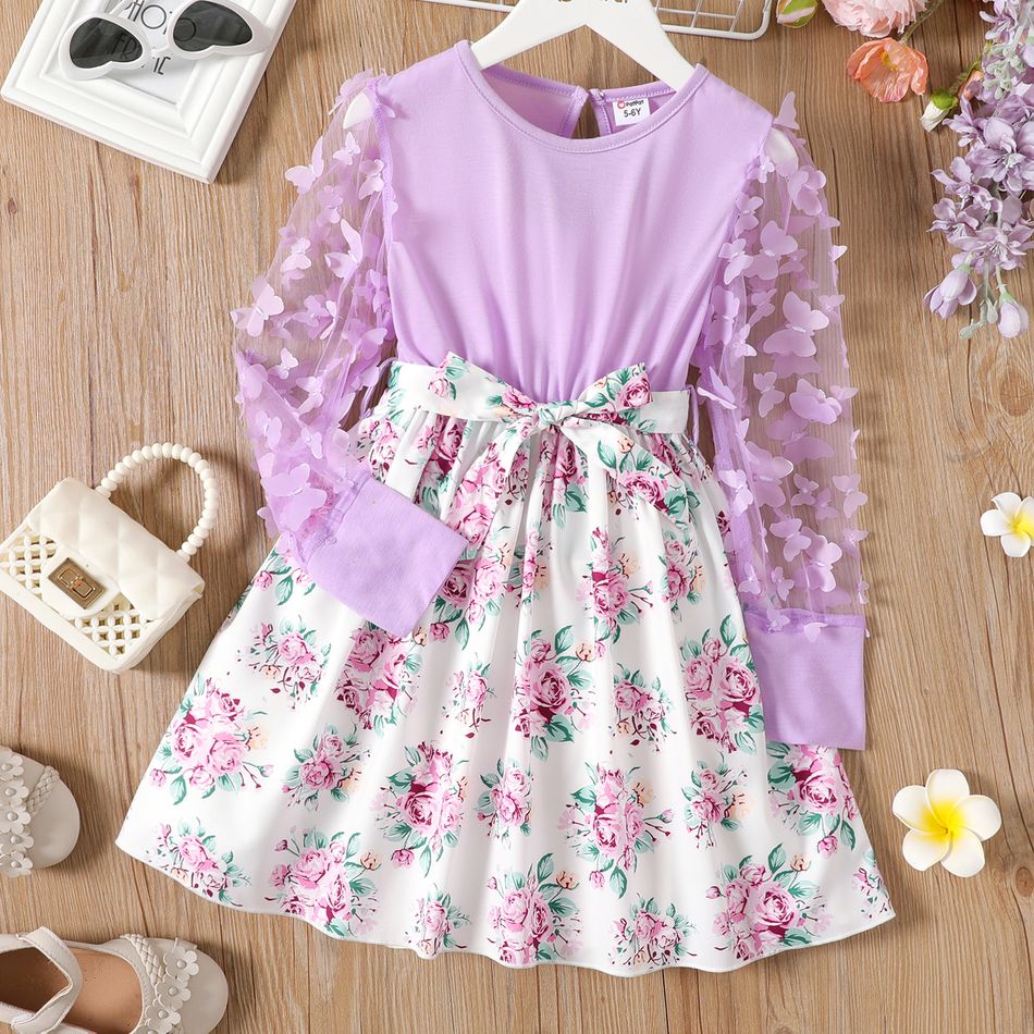 2pcs Kid Girl 3D Butterfly Design Floral Print Splice Mesh Long-sleeve Dress  Belt Light Purple big image 1