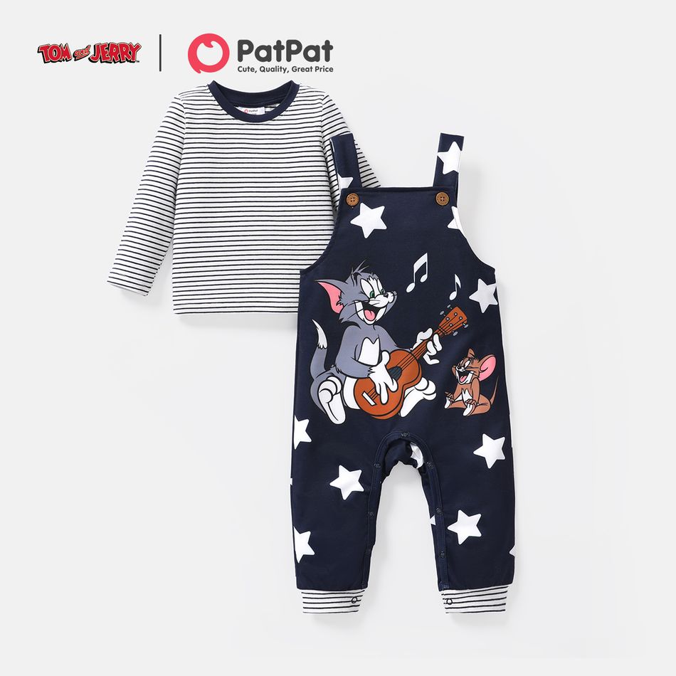 Tom and Jerry 2pcs Baby Boy 95% Cotton Pinstriped Long-sleeve Tee and Graphic Overalls Set royalblue big image 1