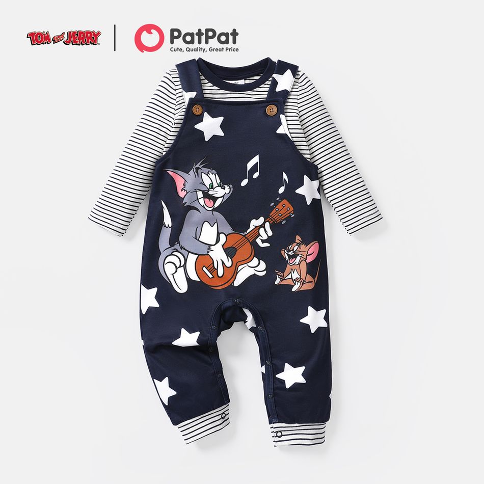 Tom and Jerry 2pcs Baby Boy 95% Cotton Pinstriped Long-sleeve Tee and Graphic Overalls Set royalblue big image 2