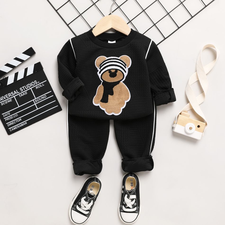 2pcs Toddler Boy Playful Bear Embroidered Sweatshirt and Textured Pants Set Black