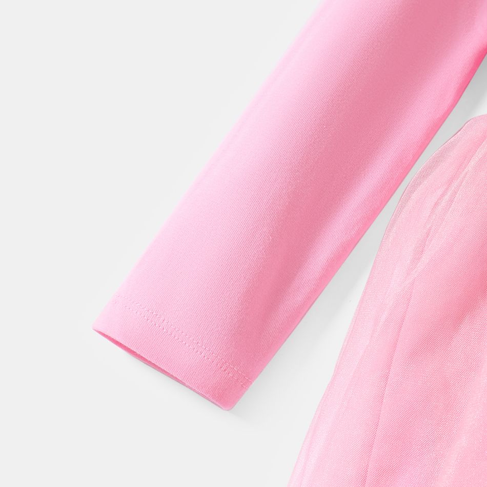 Barbie Toddler Girl Letter Print Mesh Splice Cotton Long-sleeve Dress Pink
