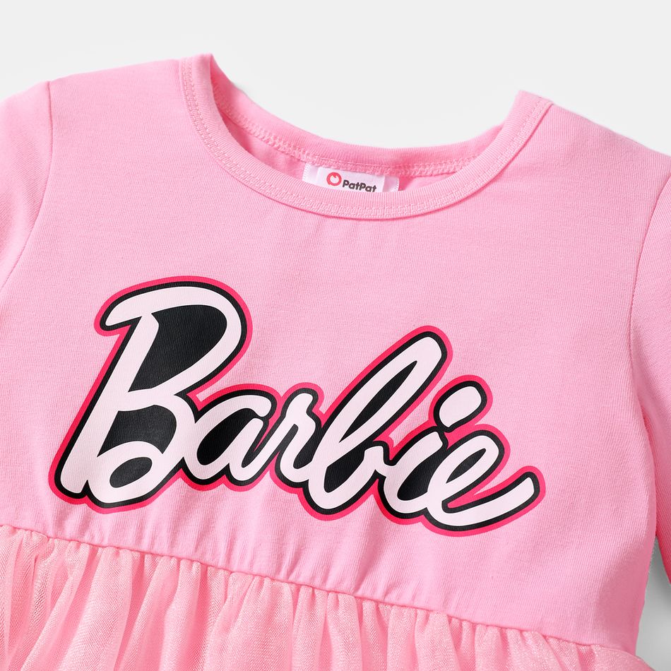 Barbie Toddler Girl Letter Print Mesh Splice Cotton Long-sleeve Dress Pink big image 3