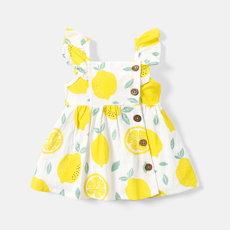 Baby Girl 100% Cotton Gingham or Allover Lemon Print Flutter-sleeve Button Dress Yellow big image 1