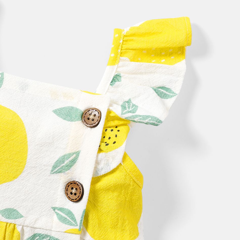 Baby Girl 100% Cotton Gingham or Allover Lemon Print Flutter-sleeve Button Dress Yellow big image 3