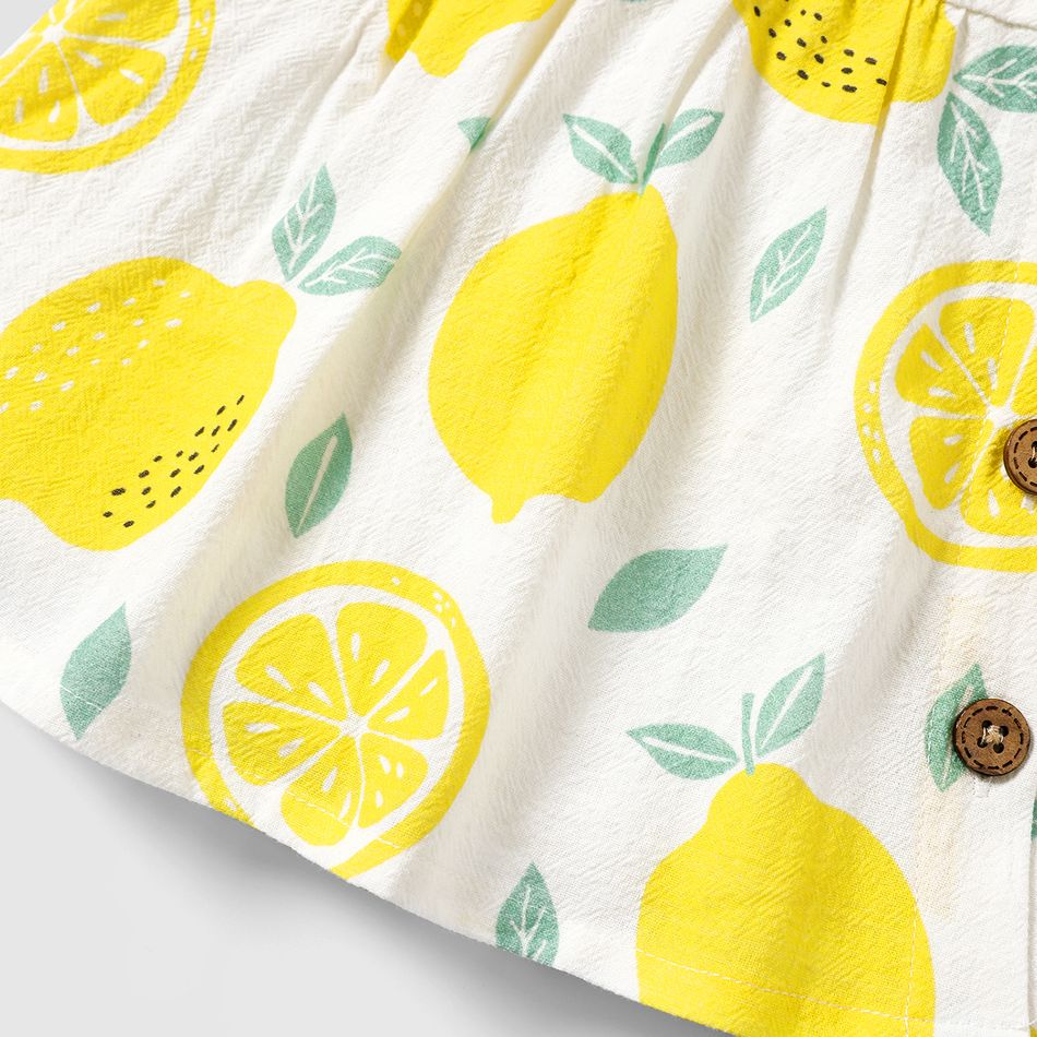Baby Girl 100% Cotton Gingham or Allover Lemon Print Flutter-sleeve Button Dress Yellow big image 4