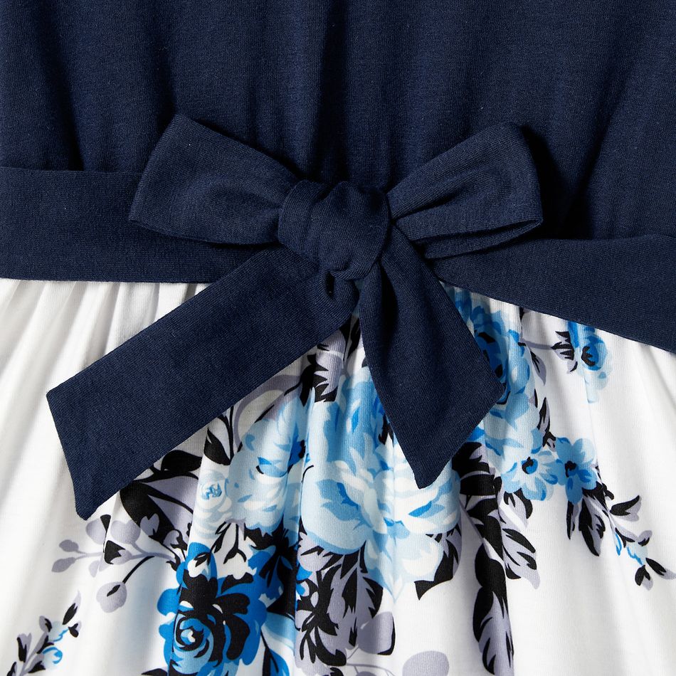 Family Matching 95% Cotton Dark Blue Short-sleeve T-shirts and Floral Print Spliced Dresses Sets DeepSapphireBlue big image 4