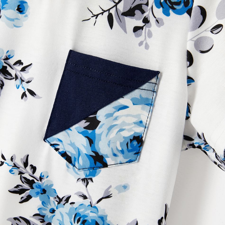 Family Matching 95% Cotton Dark Blue Short-sleeve T-shirts and Floral Print Spliced Dresses Sets DeepSapphireBlue
