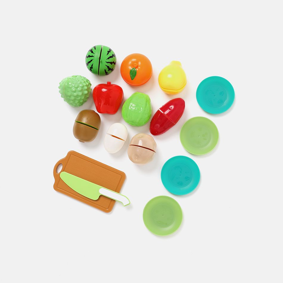 16Pcs BPA Free Plastic Cutting Play Food Toy Kids Cuttable Fruits Vegetables Set with Knives & Cutting Board & Plates (Knife Color Random) Color-A big image 6