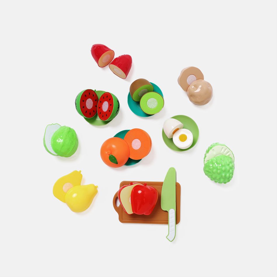 16 peças de corte de plástico sem bpa, brinquedo de comida para crianças, frutas cortáveis, legumes, conjunto com facas, tábua e pratos (cor da faca aleatória) Cor-A big image 4