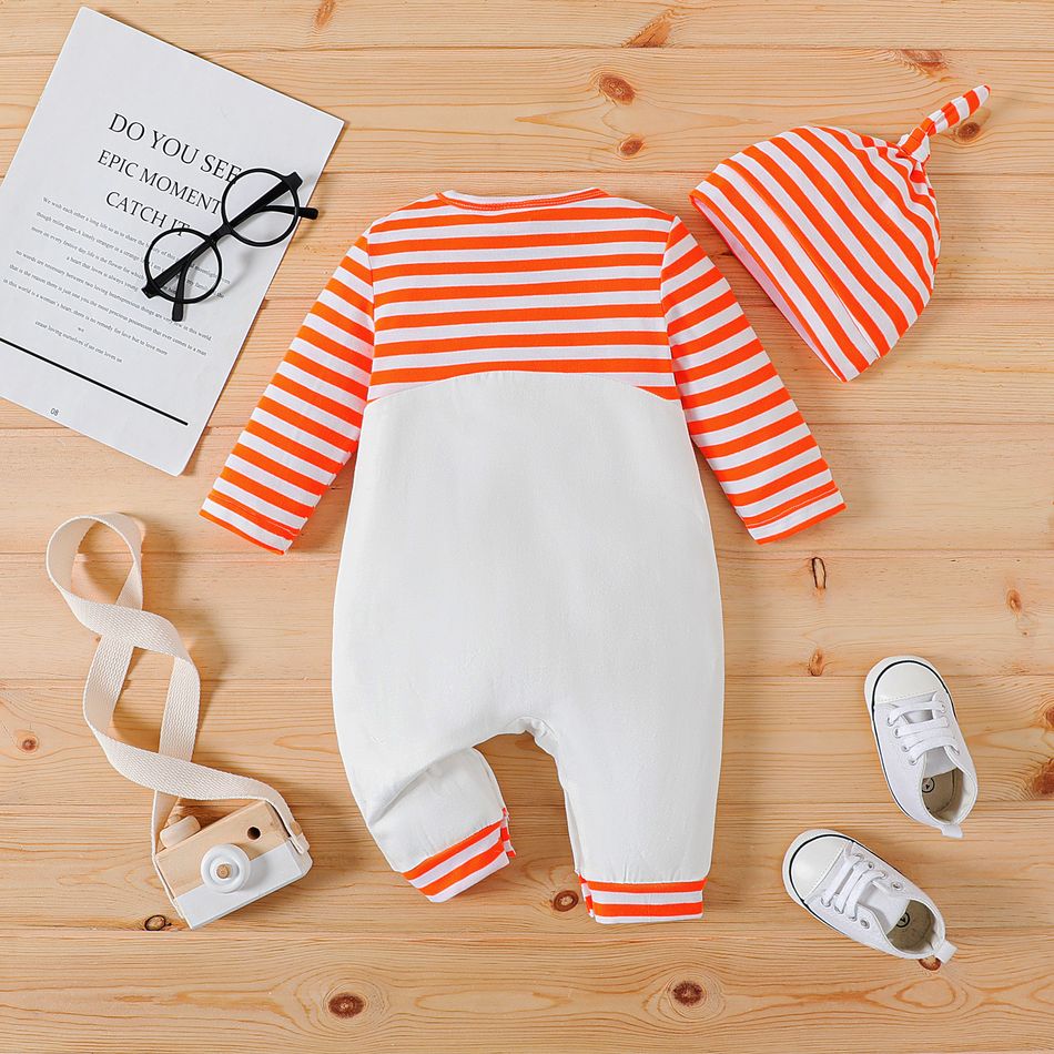 2pcs Baby Boy/Girl 95% Cotton Fox Print Striped Long-sleeve Spliced Jumpsuit with Hat Set Orange big image 2