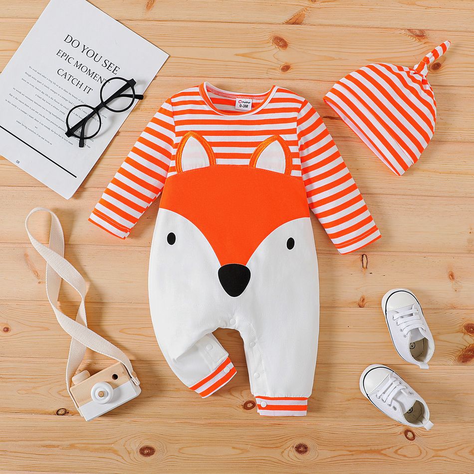 2pcs Baby Boy/Girl 95% Cotton Fox Print Striped Long-sleeve Spliced Jumpsuit with Hat Set Orange big image 1