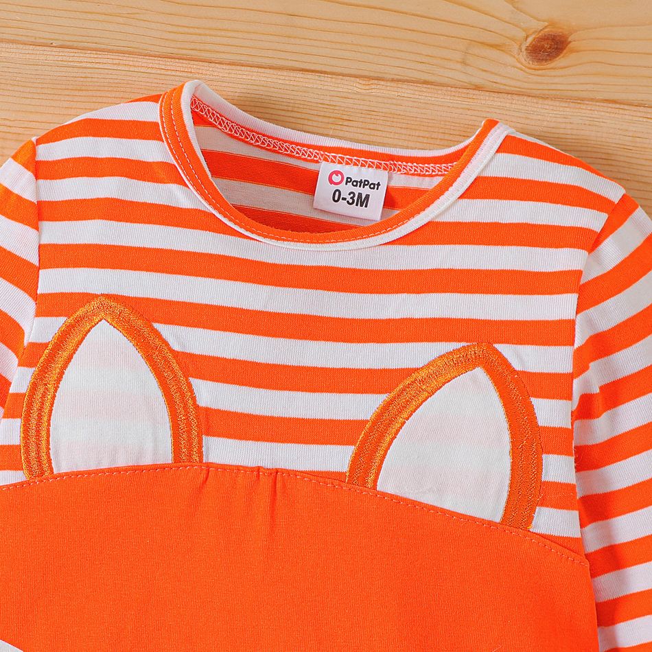 2pcs Baby Boy/Girl 95% Cotton Fox Print Striped Long-sleeve Spliced Jumpsuit with Hat Set Orange big image 3